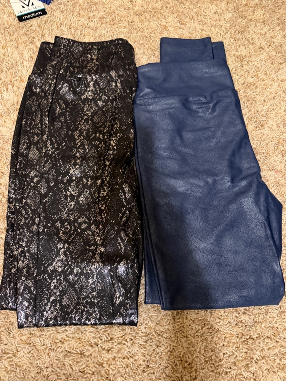 Luxe Navy Faux Leather Leggings & Black Snake-Print Leggings Set